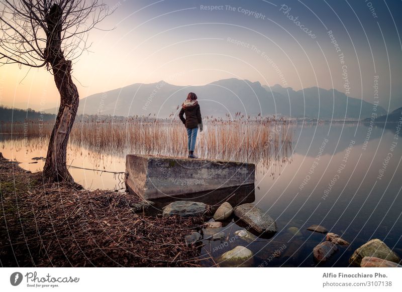 Young girl watching the panorama of the lake Lifestyle Body Calm Freedom Summer Going out Young woman Youth (Young adults) Woman Adults 1 Human being