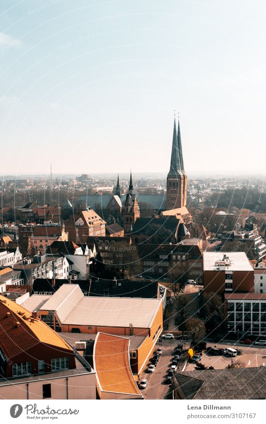 View over Lübeck Northern Germany Tower Church houses House (Residential Structure) Bird's-eye view Wide angle Orange and Teal Orange Teal Church spire