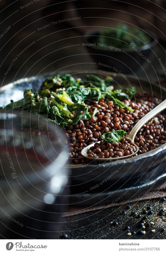 Black lentils and vegetables stew Vegetable Vegetarian diet Plate Spoon Dark Lentils legumes Beluga Spinach Vegan diet Copy Space food garnish healthy