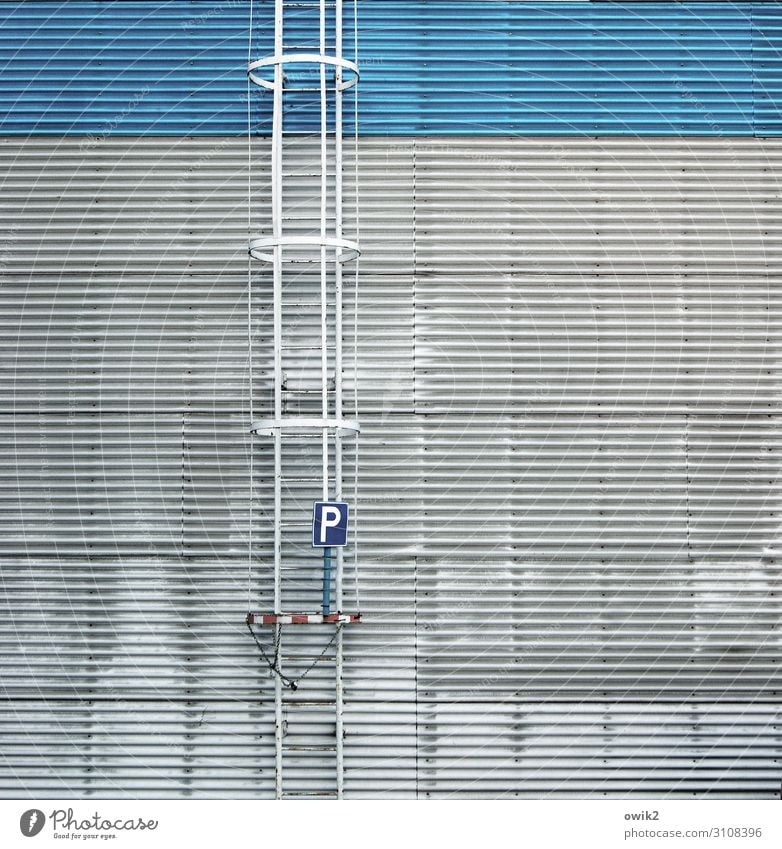 parking search Wall (barrier) Wall (building) Corrugated sheet iron Corrugated iron wall Hall Warehouse Depot Fire ladder Ladder Parking lot Metal Characters