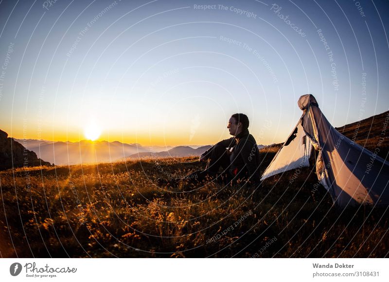 Sunset on Mountains Top Tourism Adventure Freedom Camping Hiking Feminine 1 Human being Nature Landscape Sunrise Autumn Beautiful weather Alps Peak Observe