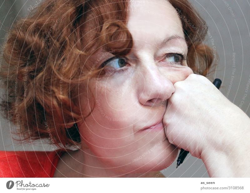 Thoughtful Calm Adult Education Woman Adults Face 1 Human being 30 - 45 years 45 - 60 years Sweater Hair and hairstyles brunette Red-haired Short-haired Curl