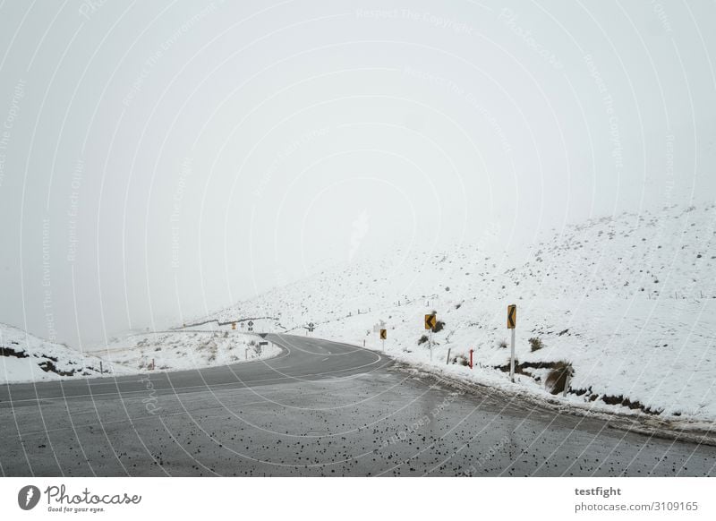 onset of winter Environment Nature Landscape Climate Bad weather Storm Snow Snowfall Street Overpass Cold Ice Pass New Zealand crown range Hill Mountain