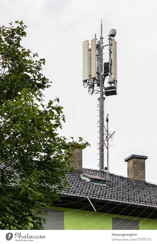 5G antennas on top of house. Antennas and transmitters Industry Telecommunications Telephone Cellphone Technology Internet Aircraft Line Communicate 5g 4g roof