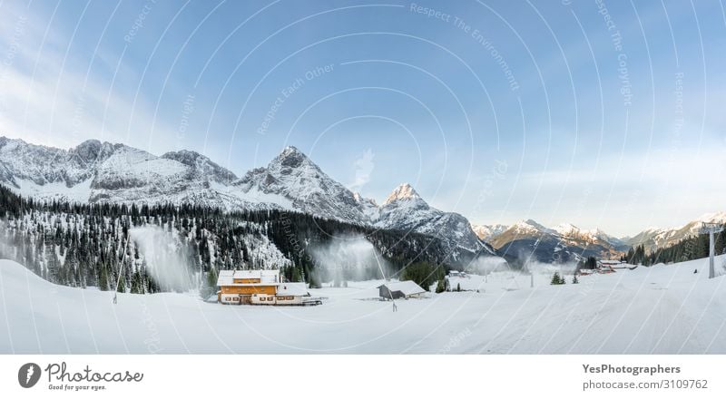 Winter panorama with snowy mountains and snow-covered road Snow Mountain Nature Climate change Weather Alps Peak Street White Austrian Alps Ehrwald Alpine