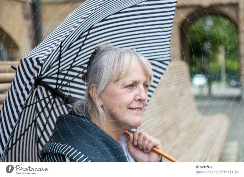 Under the rescue parachute | AST-Cemnitz17 Human being Feminine Woman Adults 45 - 60 years Umbrella Smiling Laughter Blue White Happiness Contentment