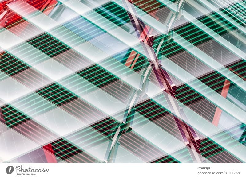 slats Disk Screening Venetian blinds Metal Plastic Line Stripe Abstract Double exposure criss-cross Green Red White New building Facade Modern