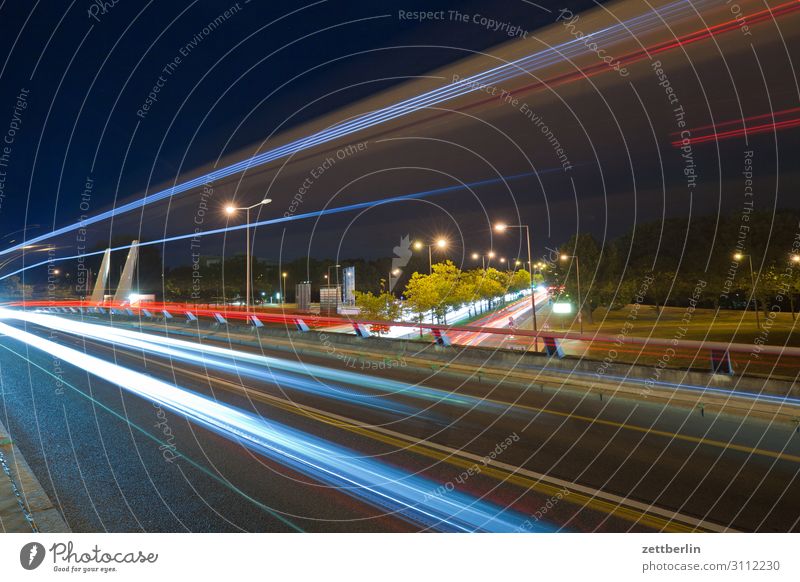 Road traffic, at night Evening Movement blink Multicoloured Dark Dynamics Fantasy Glittering Airport Art Light Visual spectacle Light painting Light show Line