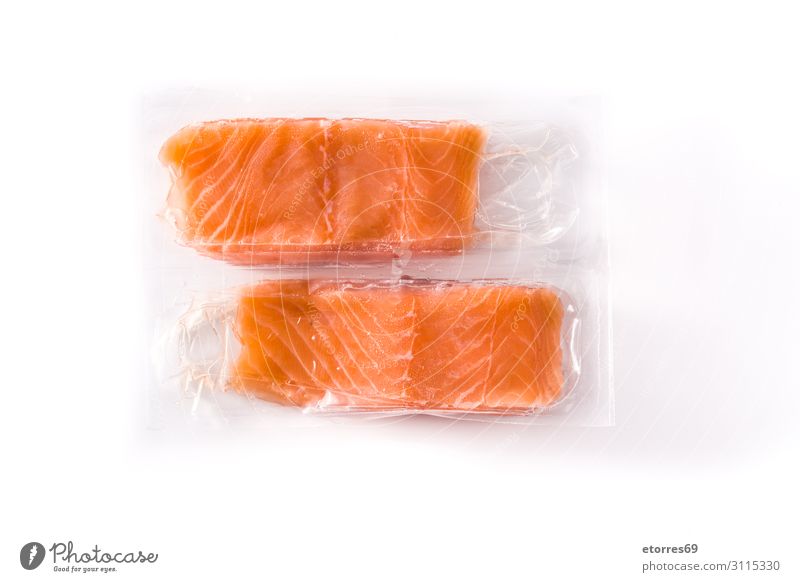 Salmon packaged in plastic isolated on white background Packaged Plastic Supermarket Food Healthy Eating Food photograph Fish Isolated (Position) Orange Raw