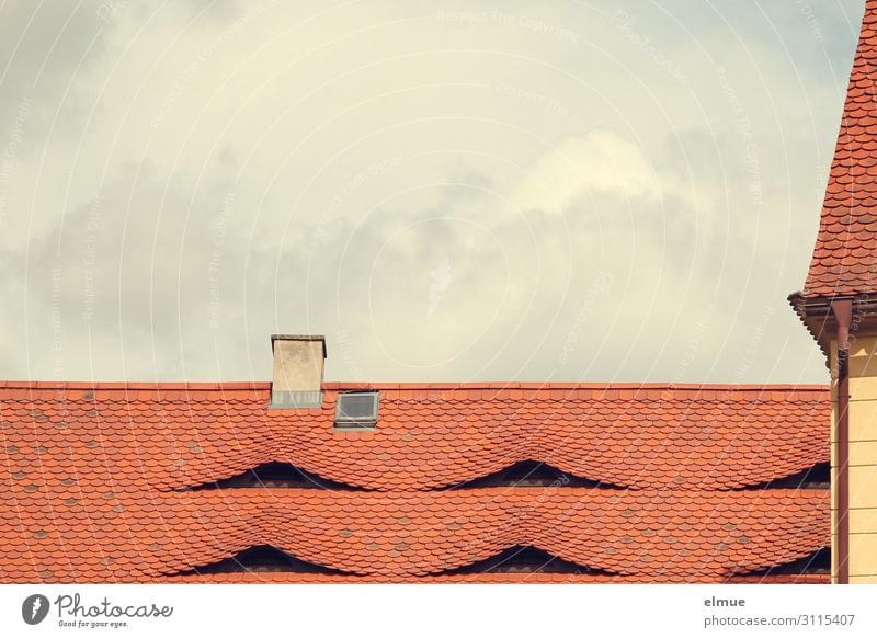 deliberateness Clouds Beautiful weather House (Residential Structure) Building Roof Chimney Roofing tile Skylight Eyes Hip & trendy Red Contentment Safety