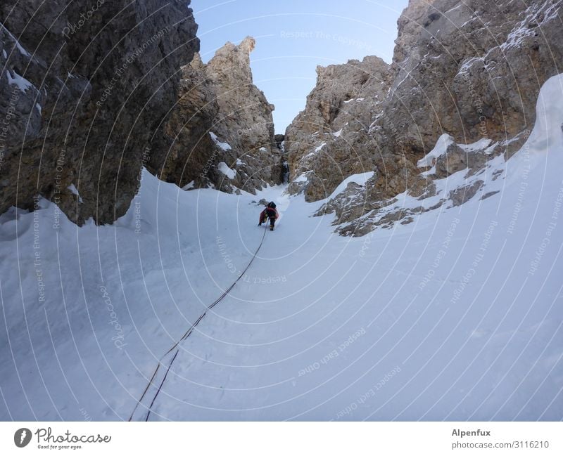 Upstairs, curious... Ice climbing Climbing Alps Mountain Glacier Canyon Self-confident Optimism Success Power Willpower Brave Determination Passion Fear