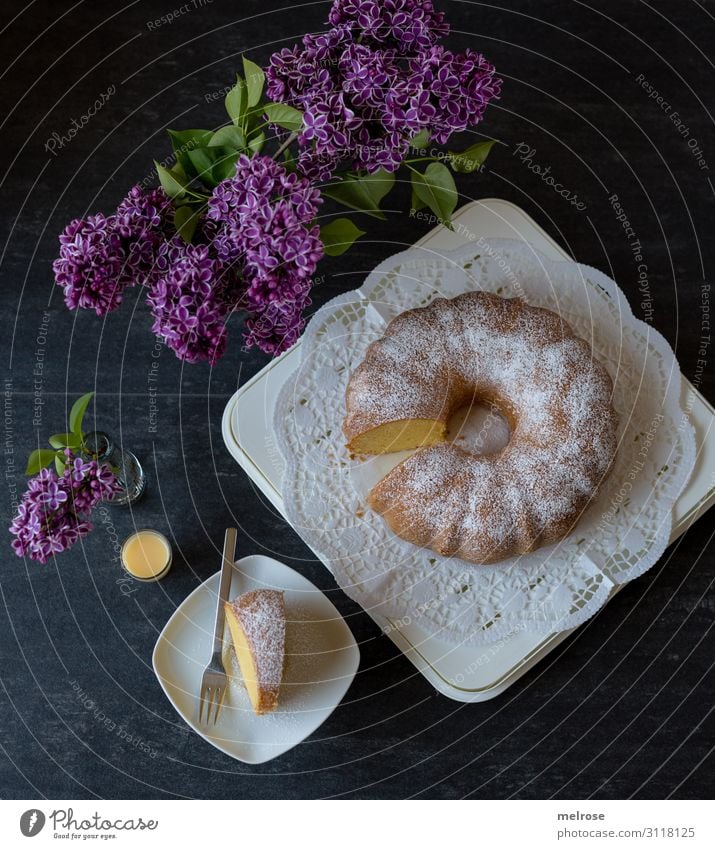 Cake and egg liqueur with lilac decoration Food egg liqueur cake To have a coffee Beverage Plate Glass Fork Lifestyle Style Valentine's Day Mother's Day