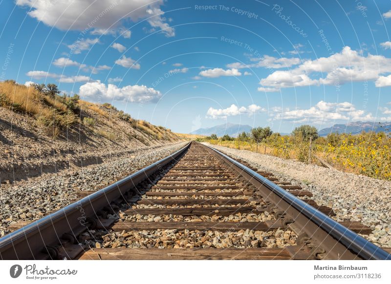 Straight railraod track in the scenic landscape of Utah Vacation & Travel Trip Industry Nature Landscape Sky Clouds Park Rock Canyon Transport Street Railroad