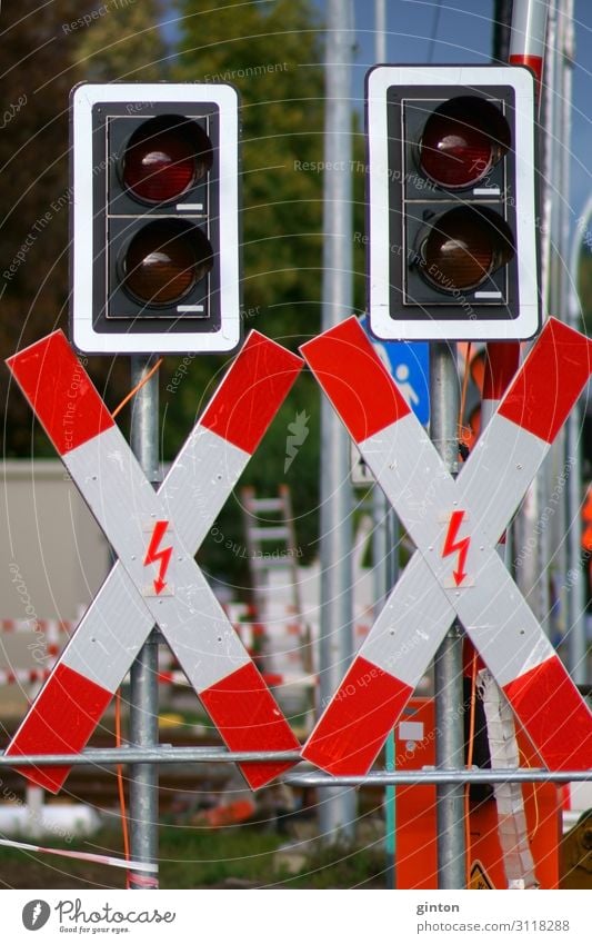 St. Andrew's crosses on a rail construction site Construction site Transport Traffic light Railroad crossing St. Andrew's Cross Control barrier Railroad system