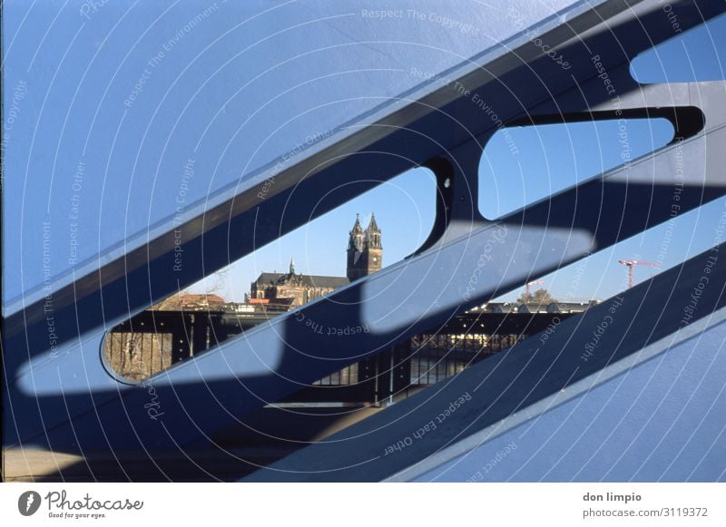 Star bridge with cathedral in Magdeburg Town Capital city Old town Skyline Populated Dome Bridge Manmade structures Tourist Attraction Far-off places Blue