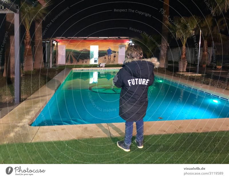 Child standing by pool, palm trees in background House (Residential Structure) Garden Swimming pool Girl Boy (child) Infancy 1 Human being 3 - 8 years