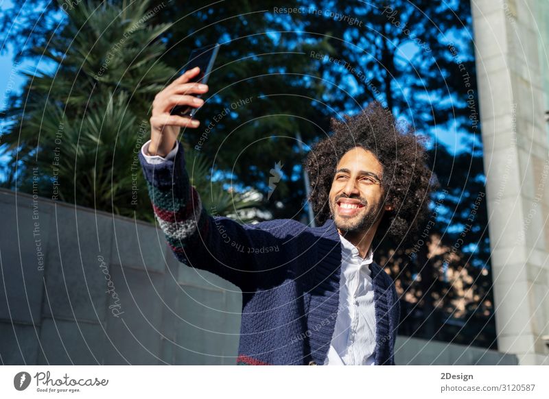 young afro american man smiling happy taking selfie Lifestyle Joy Happy Face Telephone Cellphone PDA Human being Masculine Young man Youth (Young adults) Man