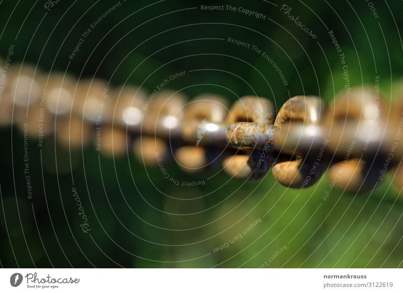 Rusty iron chain Technology Industry Iron chain Metal Old Firm Round Brown Green Chain Chain link Connectedness Shallow depth of field Colour photo Close-up