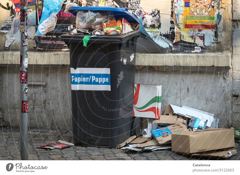 It smells like garbage in here. Trash dustbin waste Roadside Paper plastic food scraps Pizza leftovers Environmental pollution Plastic Recycling Problem Dirty