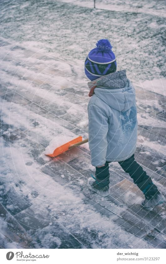 Snow-shoving boy House (Residential Structure) Garden Masculine Boy (child) 1 Human being 3 - 8 years Child Infancy Winter Ice Frost Snowfall Jacket Boots Cap