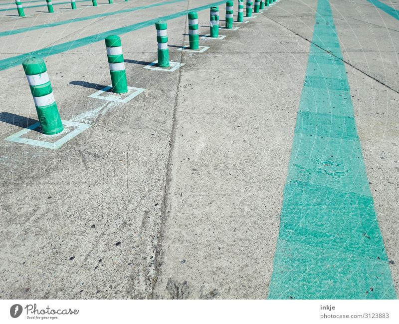 ferry pier Port City Deserted Concrete floor Transport Navigation Harbour Ferry harbour Jetty Bollard Line Gray Green Colour photo Subdued colour Exterior shot