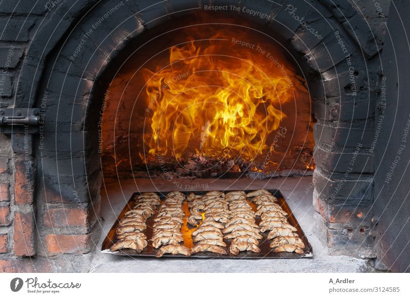 Hellfire in a stone oven with pastries Food Dough Baked goods Roll Croissant Nutrition Baking tray Kitchen Elements Fire Stove & Oven Stone Smoke Eating