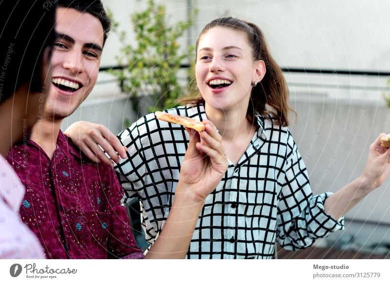 Group of young friends with pizza and bottles of drink Beverage Drinking Alcoholic drinks Beer Lifestyle Joy Happy Leisure and hobbies Summer Table