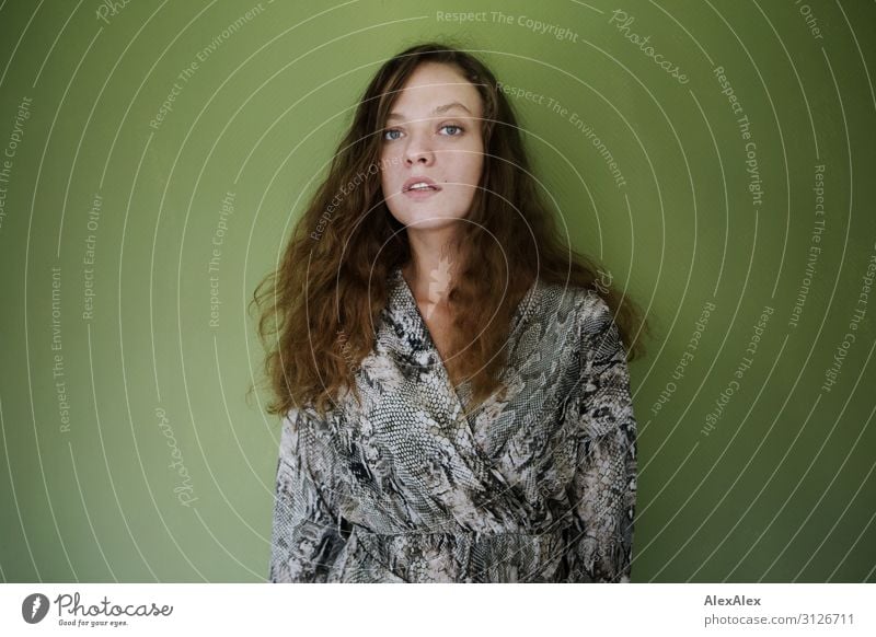 Portrait of a young woman in front of a green wall Style already Life Well-being Young woman Youth (Young adults) 18 - 30 years Adults Dress brunette