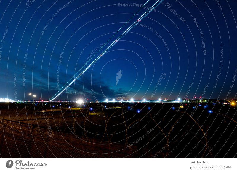 Aircraft take-off in Tegel Airplane Departure Airplane takeoff Airport Airport Berlin-Tegel Steep Evening Night Dark Night sky Sky Heaven Incline Aviation