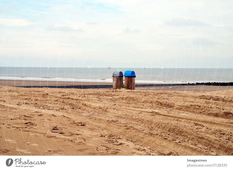 dustbins Tourism Beach Ocean Waves Environment Nature Landscape Sand Sky Clouds Horizon Autumn Coast Trash container Environmental pollution