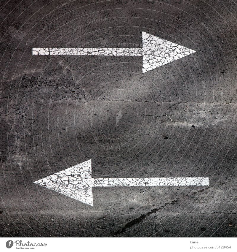 opposites, not far from each other Asphalt White Gray Arrow Perspective Concrete Clue Road sign Sign embassy Transport Road traffic ambivalence