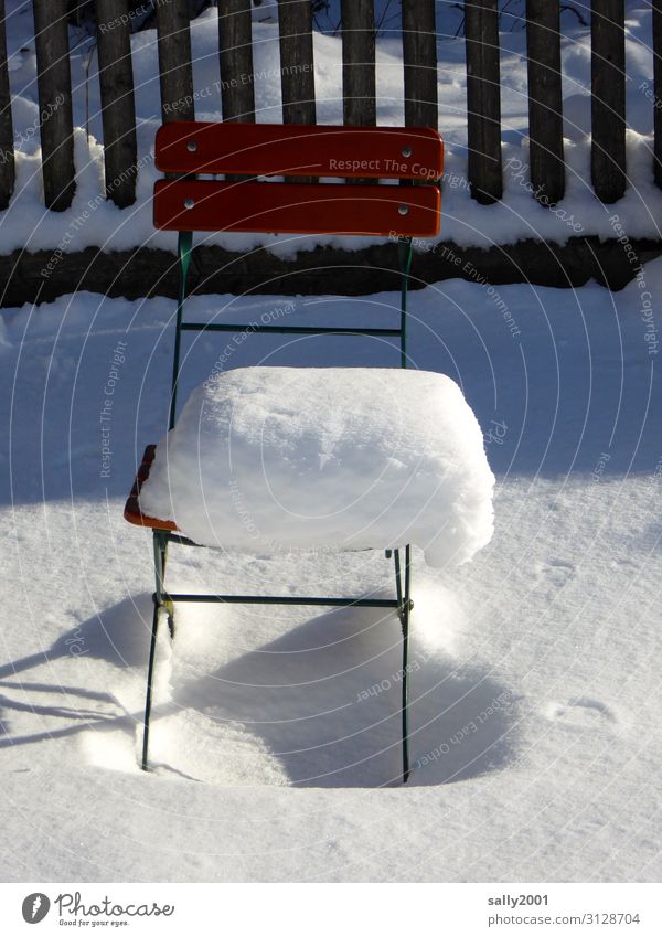 Winter beer garden... Beautiful weather Snow Cold White Loneliness Calm Stagnating Chair Beer garden Fence Depth of snow Sit Frost Colour photo Exterior shot