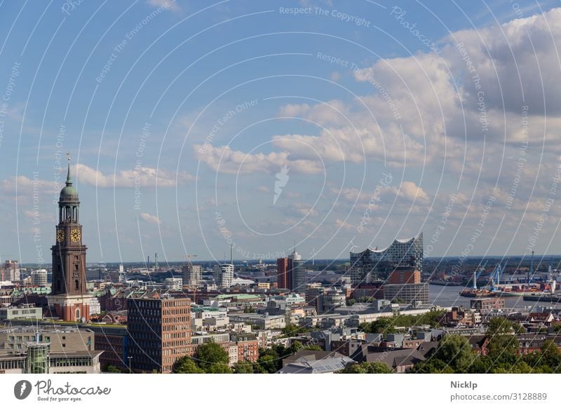 City panorama of Hamburg, Germany with view of the Elbphilharmonie "Elphi Water Sky Clouds Sunlight Summer Beautiful weather River Elbe Town Capital city