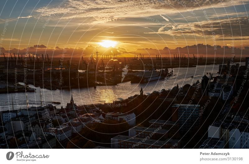 Port of Hamburg at sunset Nature Air Water Sky Clouds Sunrise Sunset River bank Port City Navigation Inland navigation Harbour Horizon Tourism Colour photo