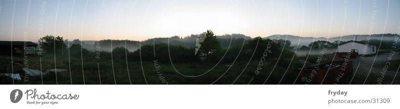 morning fog Wide angle Panorama (View) Sunrise Fog Hoar frost Back-light Tree Morning Large Panorama (Format)