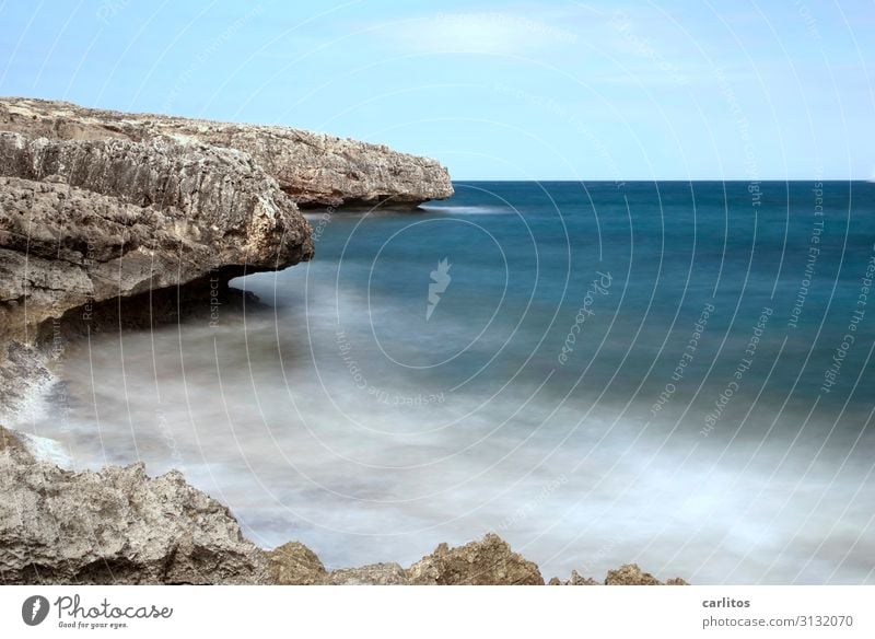 When time stops Environment Nature Elements Air Water Sky Summer Beautiful weather Rock Coast Mediterranean sea Esthetic Blue White crest Waves Horizon