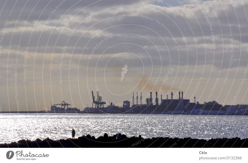 Anthropocene Human being Body Environment Landscape Water Sky Clouds Sunlight Coast Ocean Industrial plant Harbour Architecture Emission Stone Concrete Metal