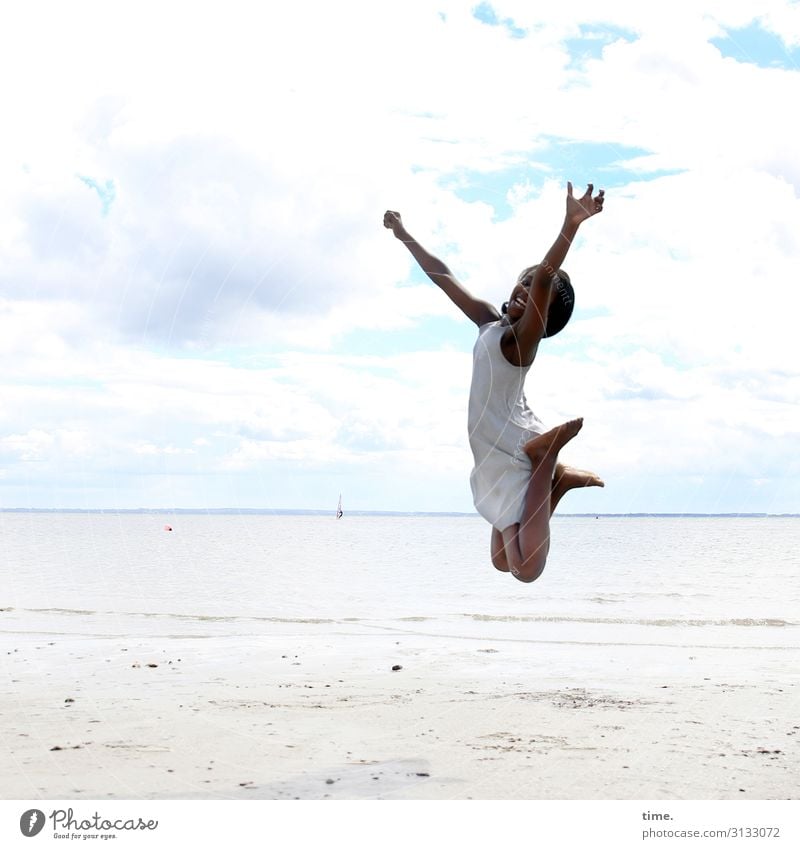 next level Feminine Girl 1 Human being Environment Nature Landscape Sand Sky Clouds Horizon Beautiful weather Coast Beach Baltic Sea Dress Black-haired