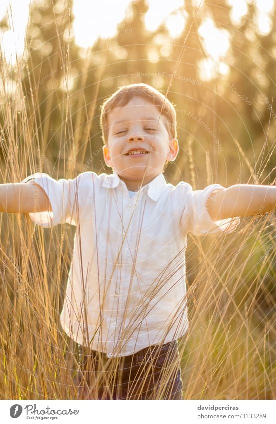 Kid in field playing with spikes at summer sunset Lifestyle Joy Happy Beautiful Leisure and hobbies Playing Freedom Summer Sun Child Human being Boy (child)