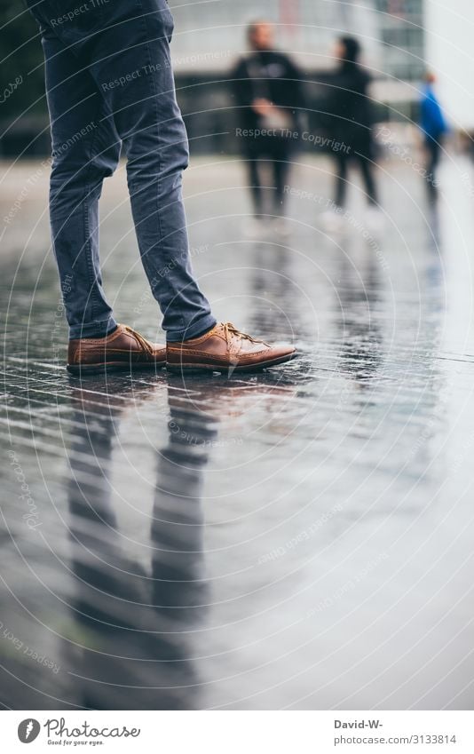 Waiting for better weather Man reflection mirror Shadow Wet Rain Rainy weather Autumn Autumnal Reflection Colour photo Drops of water Exterior shot Water Damp