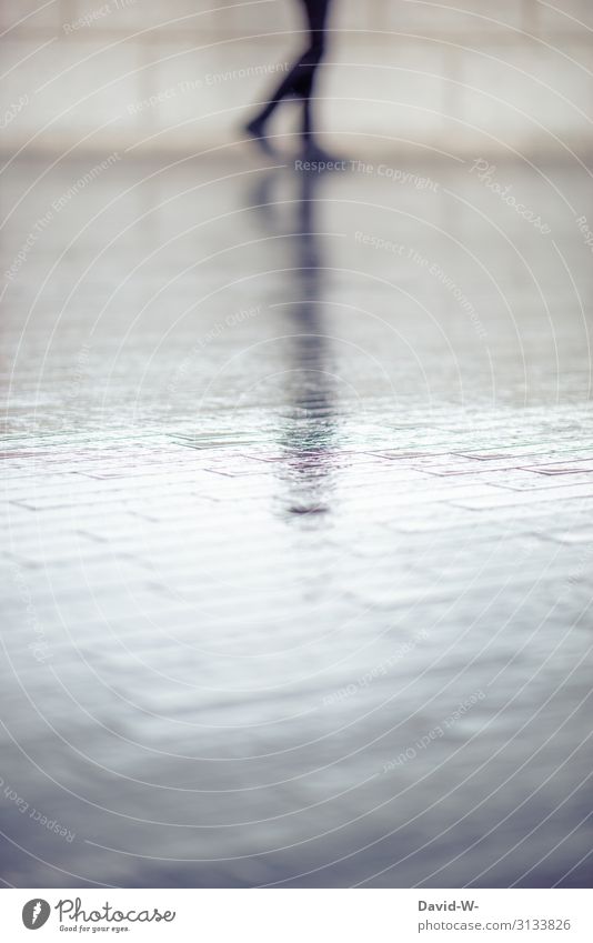 Reflection of a human being Rain Rain walk stroll rainy day Puddle Bad weather Wet Exterior shot Colour photo Human being Water Day Weather Mirror Mirror image