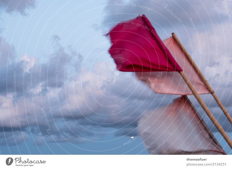 Fishing flags in the wind with moon and sky Vacation & Travel Trip Far-off places Ocean Waves Fishery Sky Clouds Horizon Sunrise Sunset Moon Summer Autumn