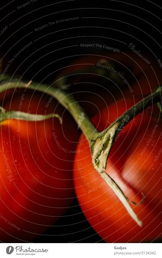 Macro shot of two red tomatoes with stem Food Vegetable Tomato Nutrition Healthy Green Red Black Uniqueness Detail Eating Food photograph Close-up