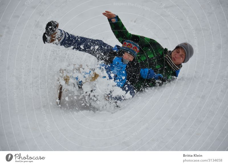 sleigh ride Human being Child Man Adults Father Family & Relations 2 Winter Ice Frost Snow Sleigh Happiness White Joy Speed Father and son Sledding