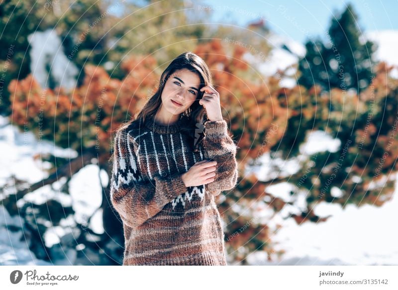 Young woman enjoying the snowy mountains in winter Lifestyle Style Joy Happy Beautiful Hair and hairstyles Face Make-up Winter Snow Mountain Christmas & Advent