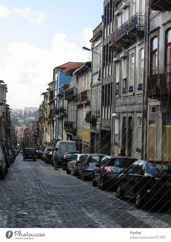 postage Portugal Urban canyon Vanishing point Europe Porto Street Mountain parked cars