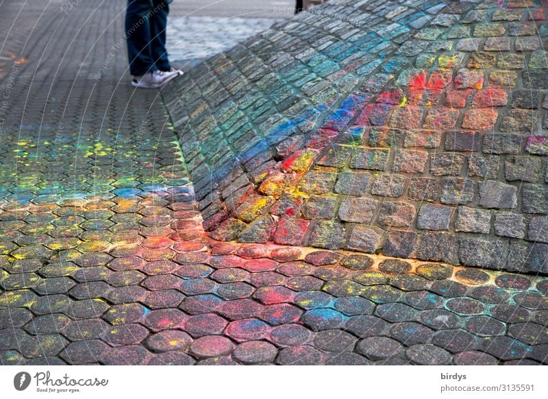 Colourful Firlefanz Playing street-painting chalk Androgynous Feet 1 Human being Lanes & trails Pedestrian precinct Paving stone Chalk Stone Stand Authentic