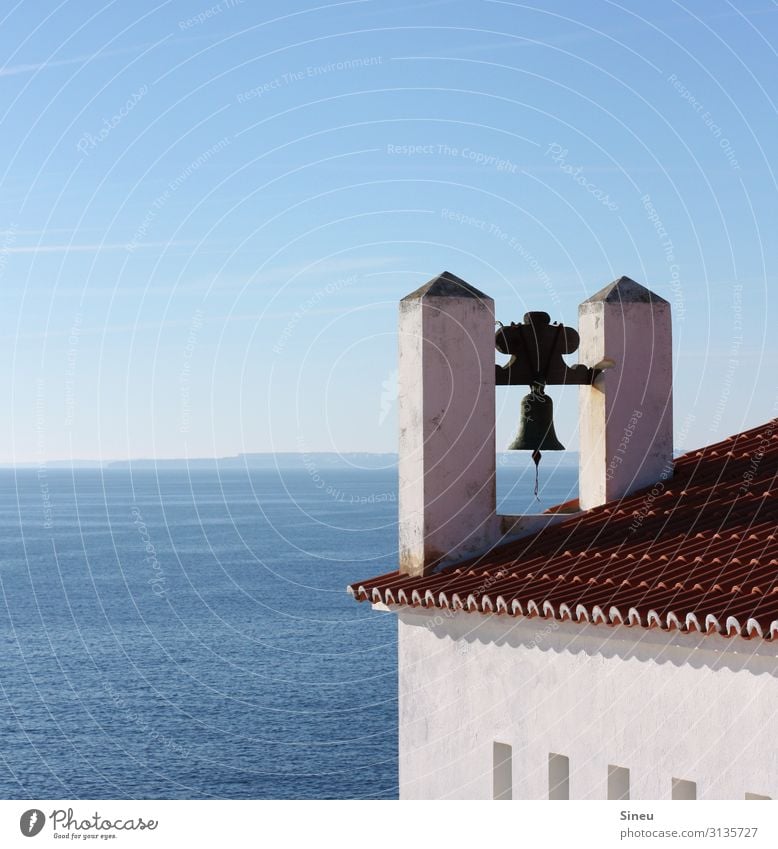 Seaweed. Environment Elements Water Sky Cloudless sky Beautiful weather Ocean Deserted Church Bell tower Stone Old Sharp-edged Maritime Blue White Safety