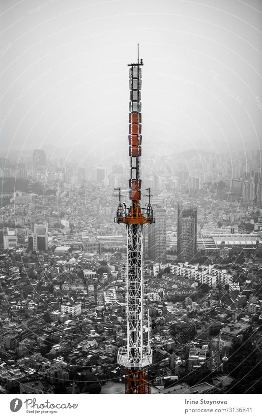 Seoul tower Town Capital city Skyline Tower Manmade structures Architecture Landmark Street Crossroads Esthetic Sharp-edged Orange Black White South Korea