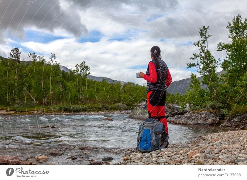 Hiking in the wilderness Drinking Coffee Cup Vacation & Travel Tourism Adventure Freedom Camping Human being Feminine Young woman Youth (Young adults) Woman